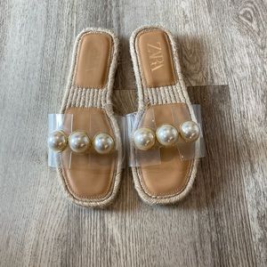 Zara espadrille slip on sandal with 3 large faux pearls
